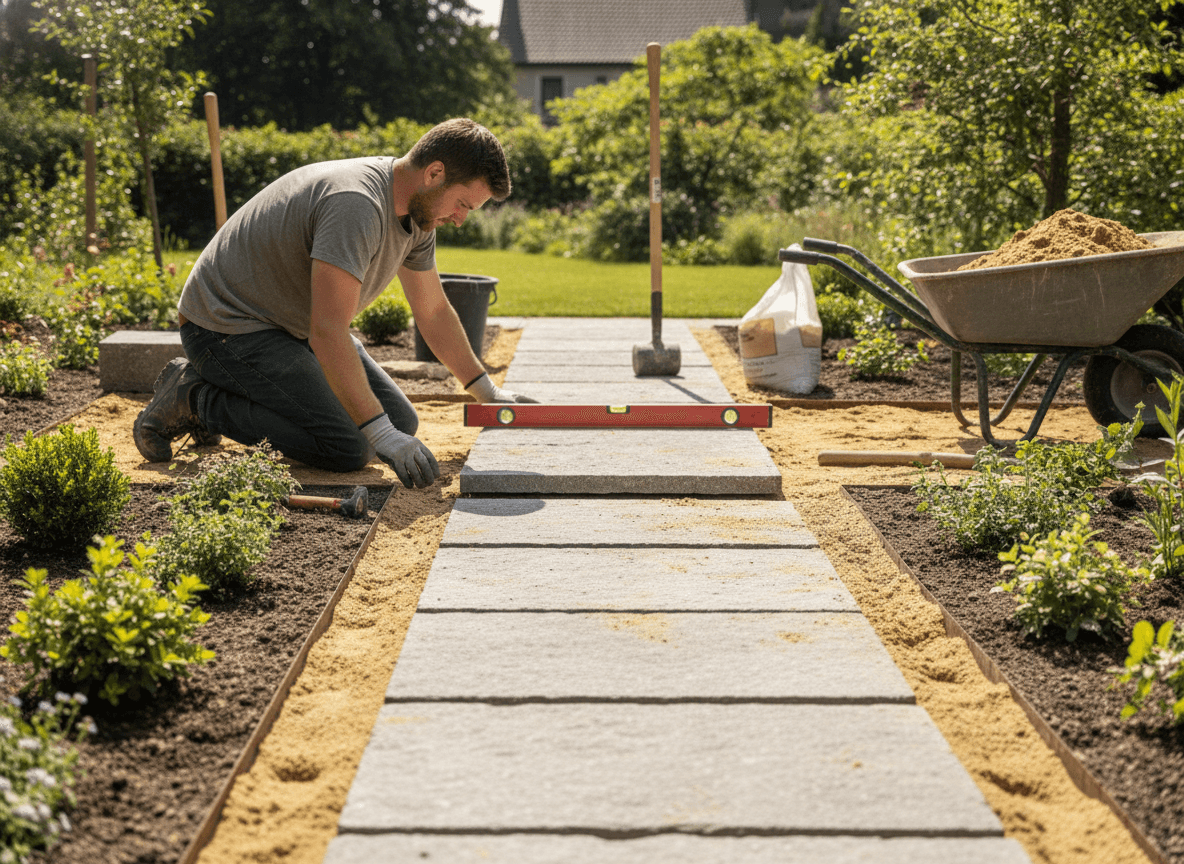 Landschaftsgärtner verlegen Natursteinplatten für einen neuen Gartenweg