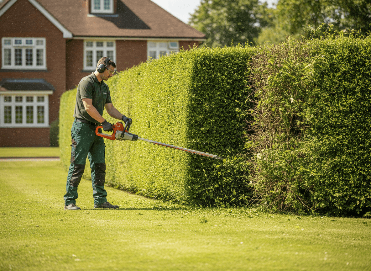 Mitarbeiter schneidet eine Hecke vor einer Wohnanlage mit einer Heckenschere