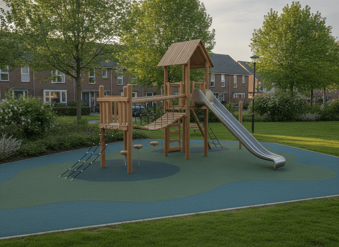 Moderner Holzspielplatz mit Klettergerüst und Rutsche auf Fallschutzbelag